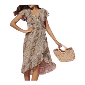 Sweet Pea Staci Frati Large Animal Print Faux Wrap Ruffle MIDI Dress